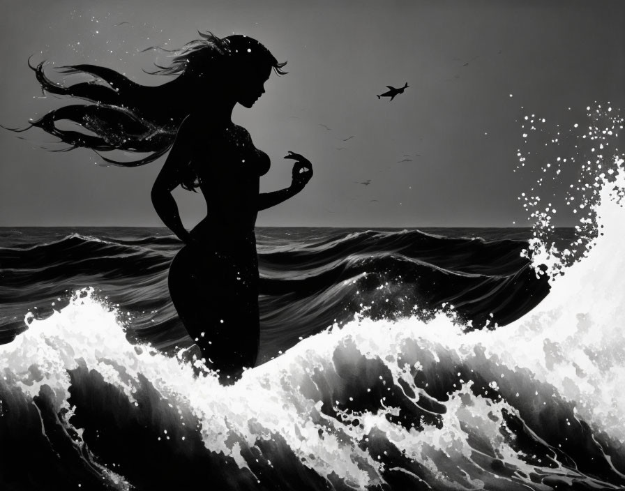 Woman's silhouette with flowing hair in sea waves and birds - artistic image.