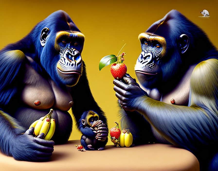 Stylized gorillas and baby gorilla with human-like eyes holding fruits on yellow background