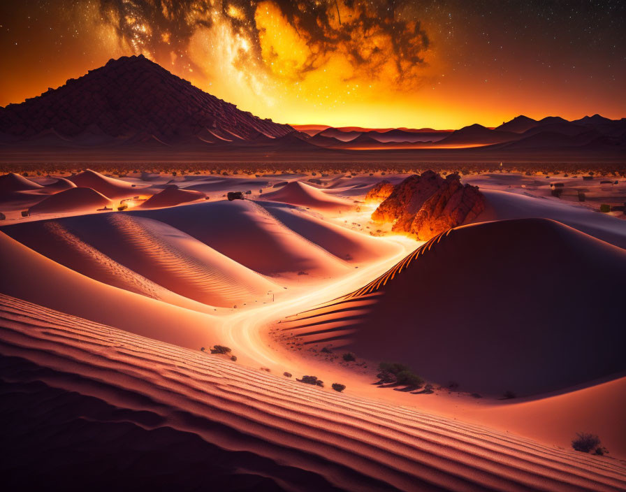 Twilight desert dunes: vibrant orange sky, emerging stars, rippled sand shadows