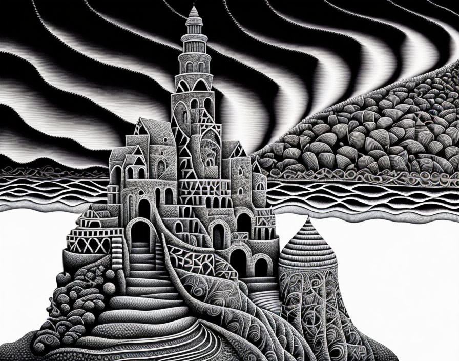 Detailed Monochrome Drawing of Whimsical Castle on Hilly Landscape