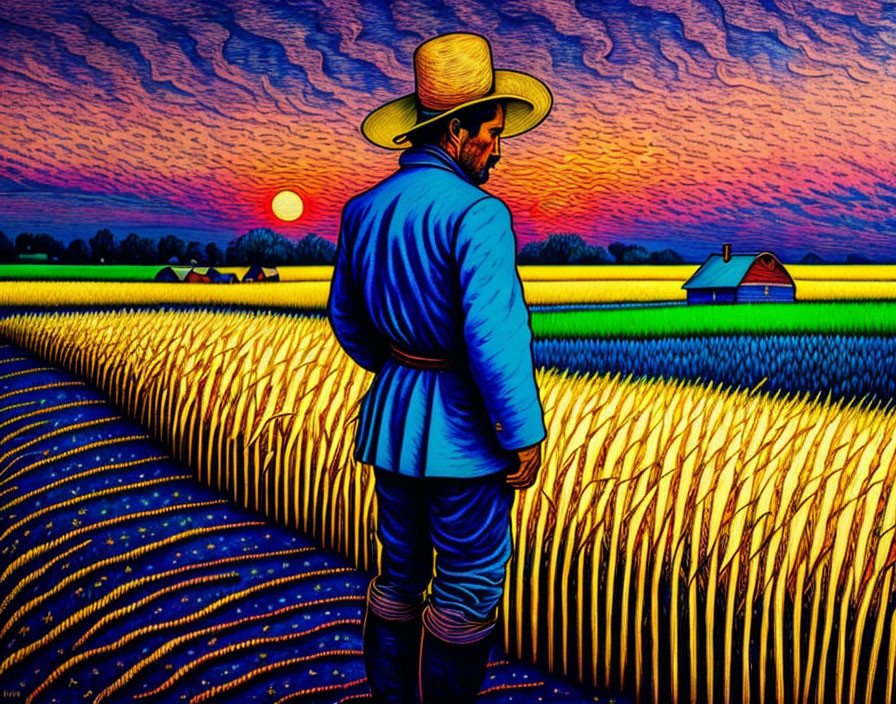 Colorful sunset scene with farmer in hat overlooking golden field