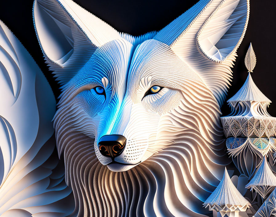 Stylized wolf digital art with intricate line patterns