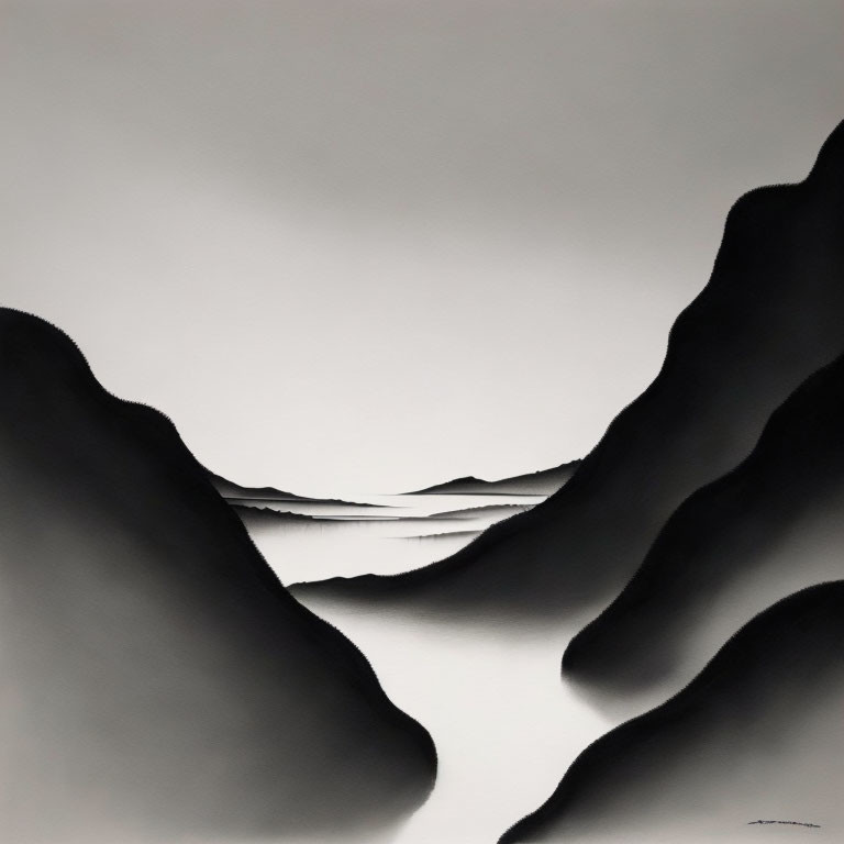 Abstract monochromatic landscape with flowing hills, water, and gradient sky.