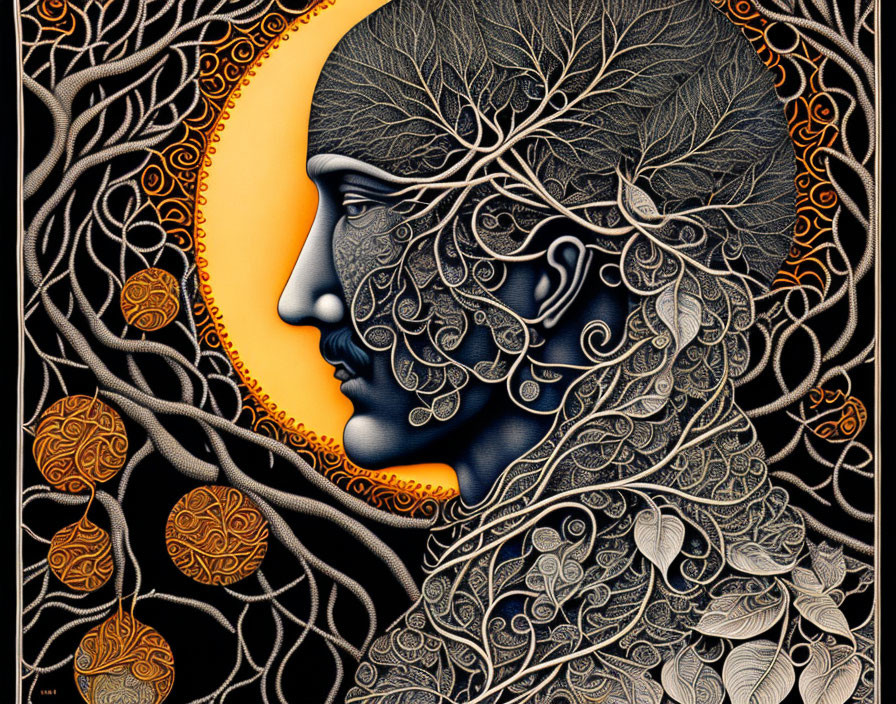 Detailed art: Human face merges with tree branches and leaves under orange moon.