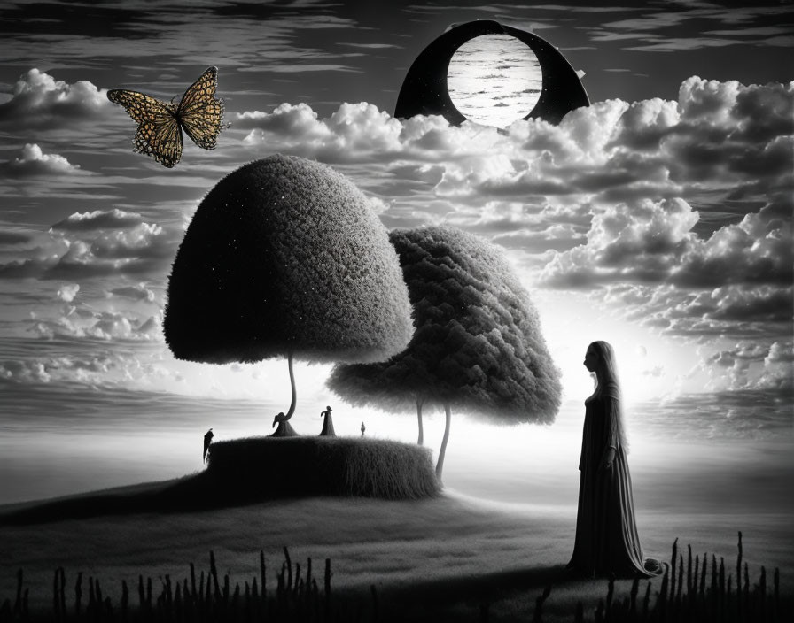 Surreal grayscale landscape with woman, cats, moon, and butterfly