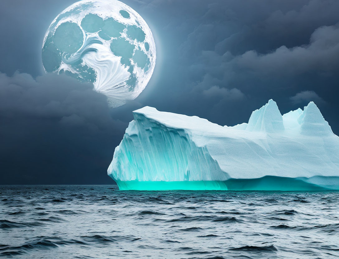 Glowing iceberg under dramatic night sky with massive moon.