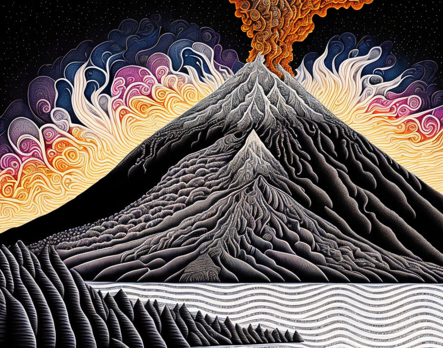 Vibrant illustration of volcanic eruption with intricate patterns