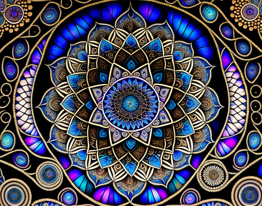 Detailed Mandala Artwork in Blue, Gold, Black & Peacock Feathers