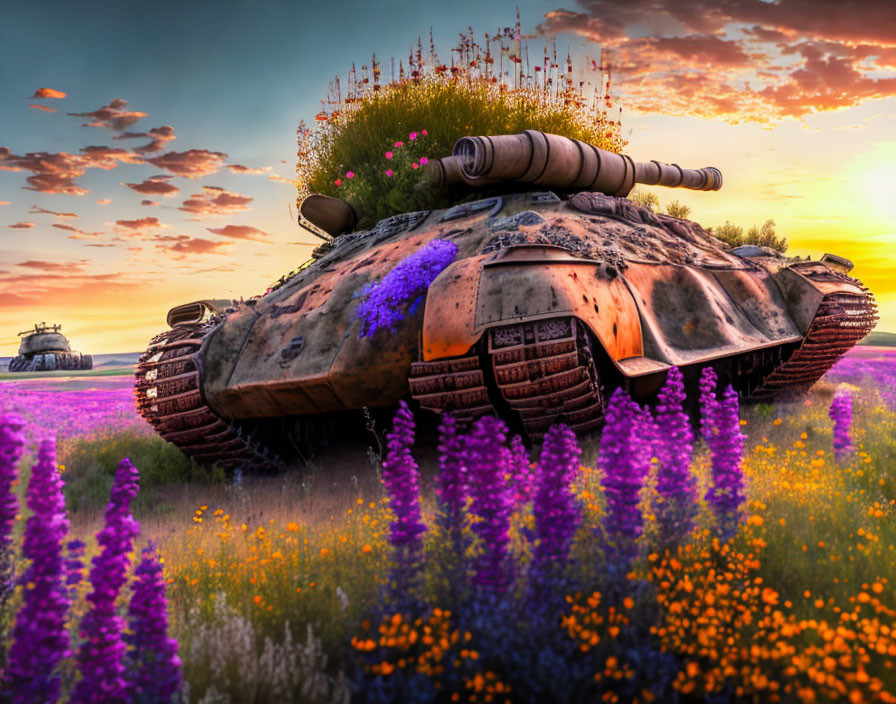 Overgrown tanks in purple flower field at sunset