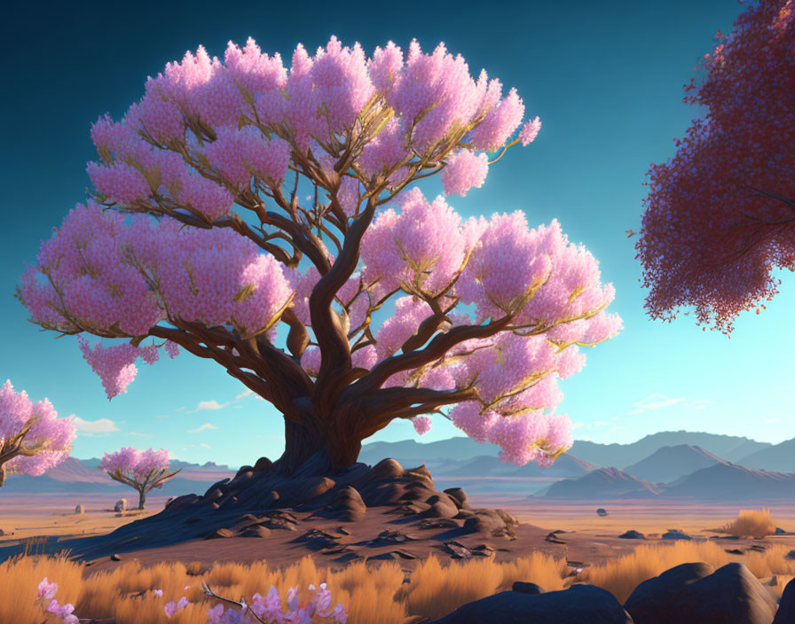 Fantastical purple blossom tree in serene desert landscape