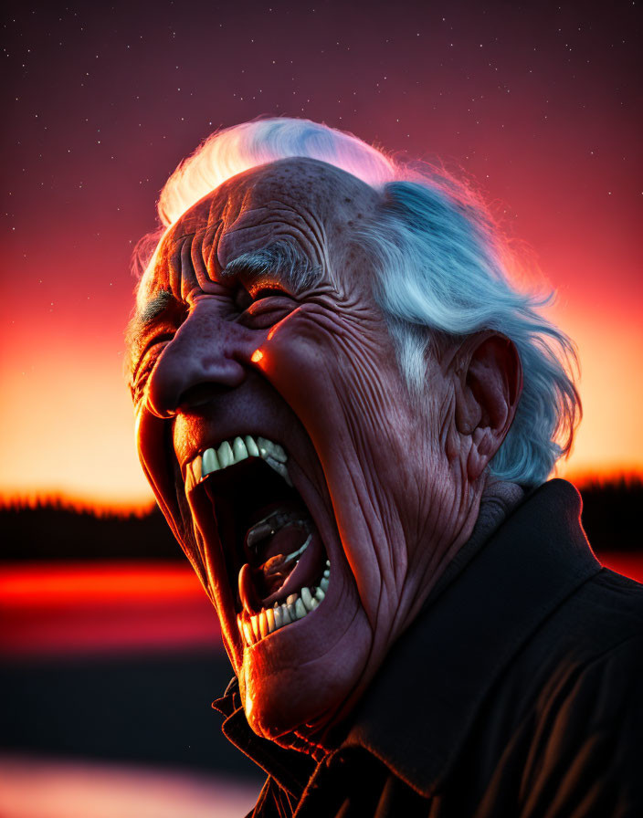 Elderly person laughing under vibrant sunset and starry twilight