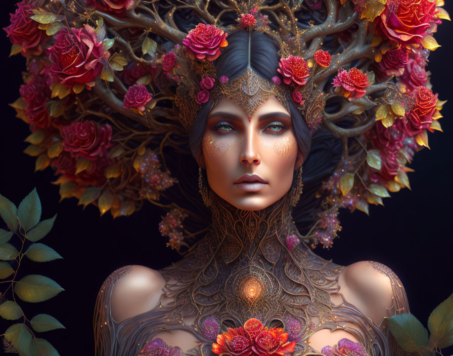 Mystical woman with bronze headpiece and rose-adorned necklace in elegant makeup and ethereal