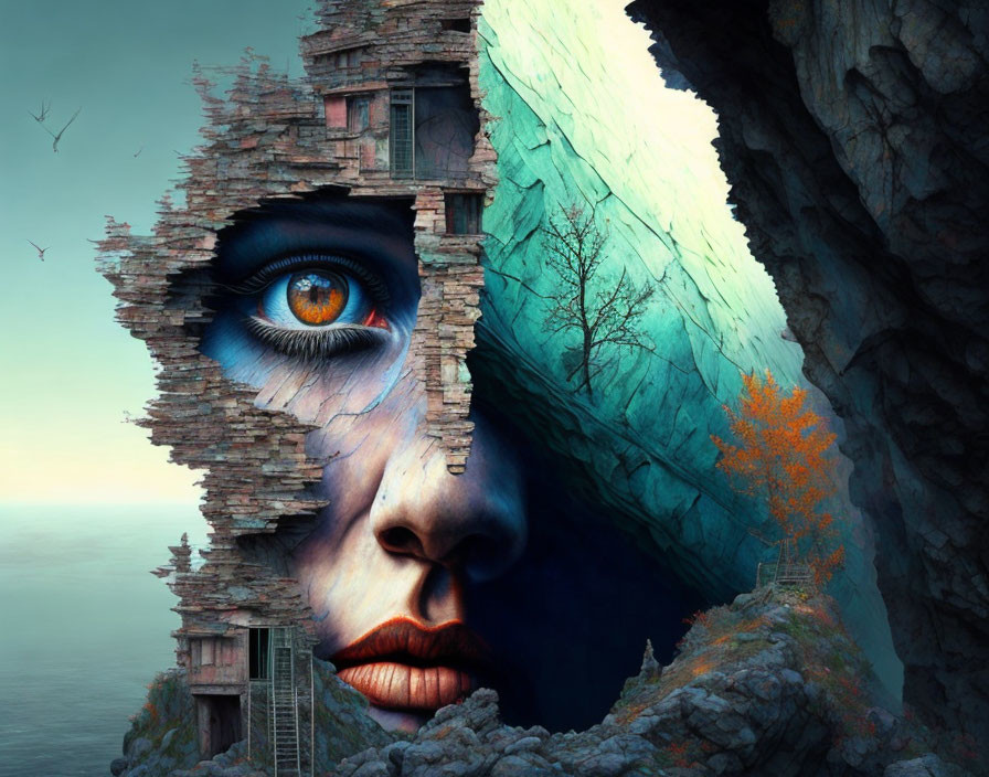 Surreal artwork: rocky landscape, giant human face with central eye, dilapidated building,