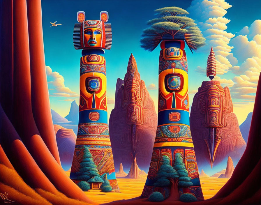 Colorful Totem Pole Illustration with Intricate Patterns and Surreal Sky