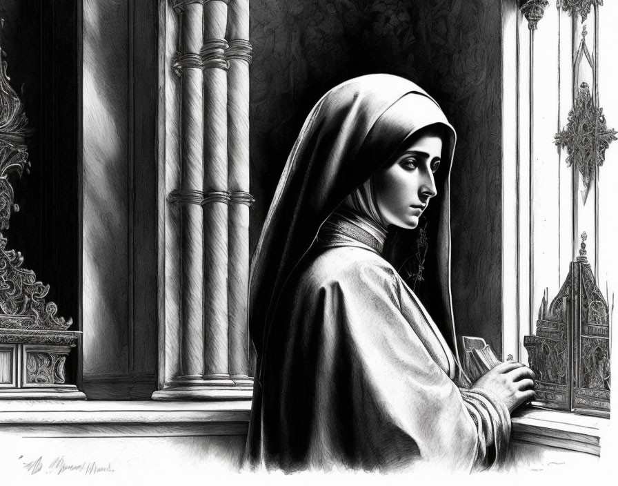 Monochrome drawing of woman in hooded cloak by ornate pillars and gothic arches