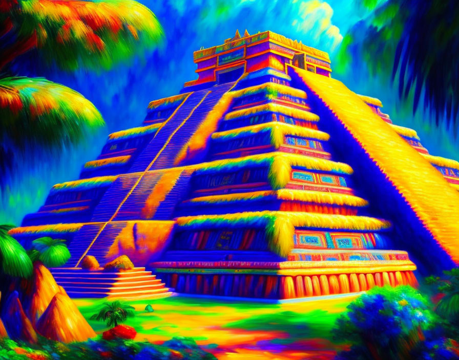 Colorful Psychedelic Mesoamerican Pyramid Illustration