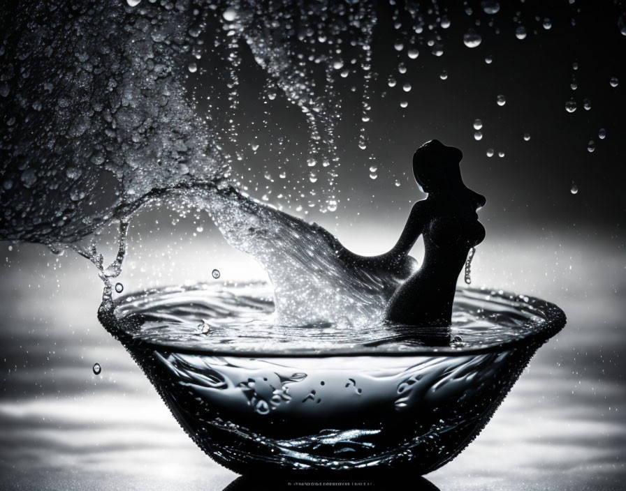 Monochrome photo of water splash around silhouette in bowl