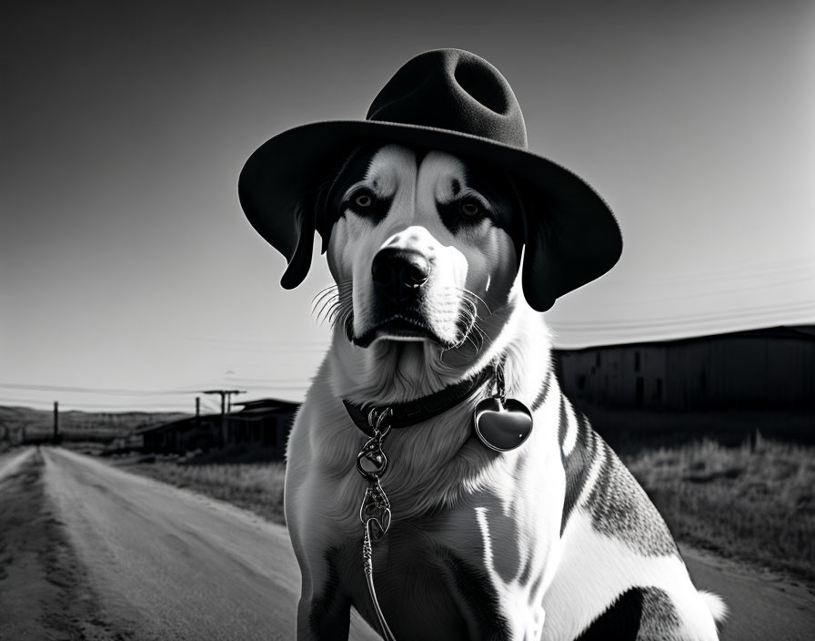 Monochrome photo: Dog in fedora with heart tag, calm expression, rural backdrop