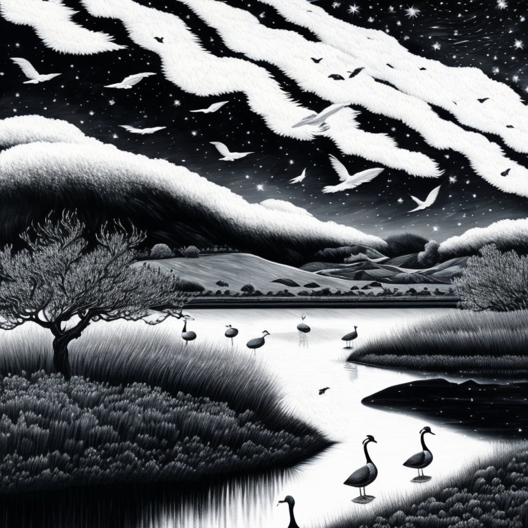 Monochromatic night landscape with birds flying over river