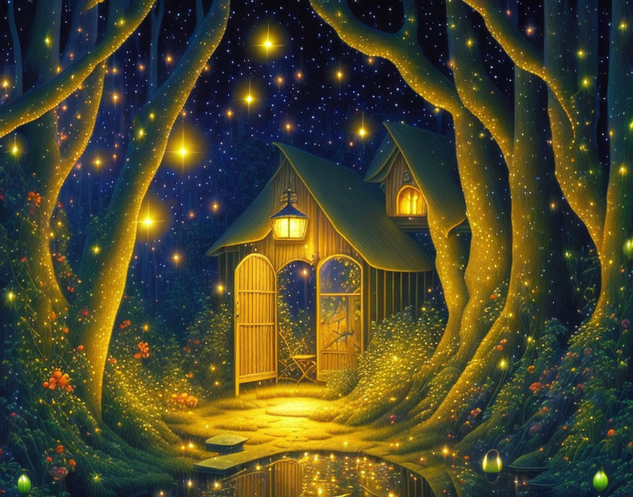 Cozy cottage in forest under starlit sky with pond