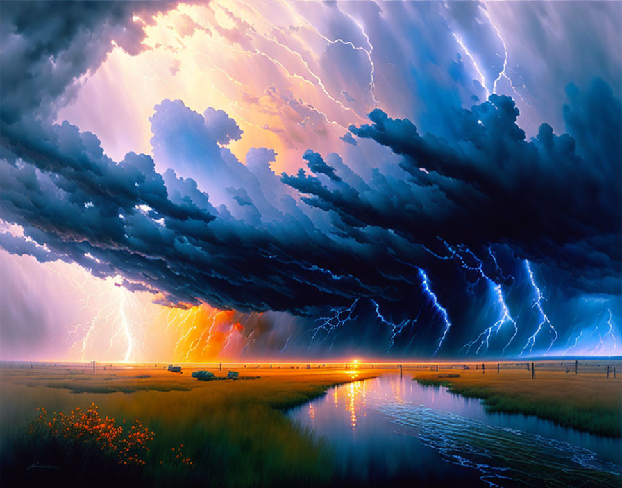 Thunderstorm with Lightning Strikes Over Tranquil Marsh at Sunset