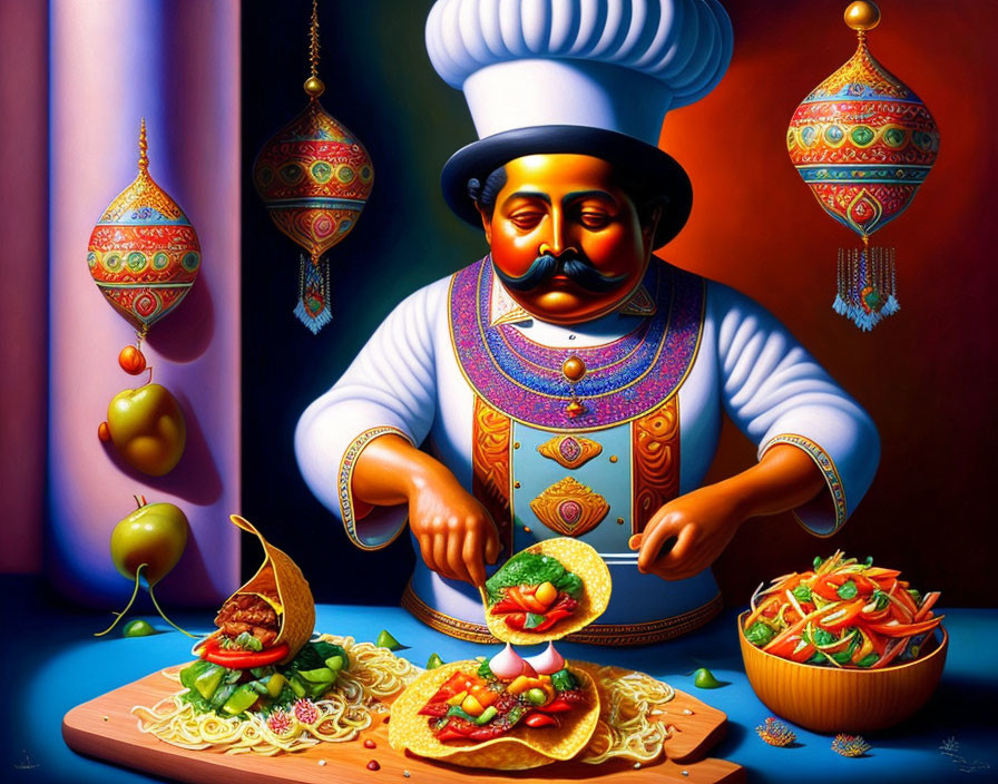 Vibrant chef illustration decorating tacos with lanterns and fruits