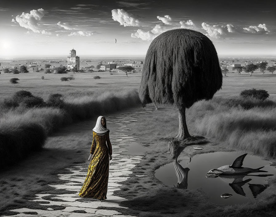 Monochromatic surreal landscape with cloak-wearing figure, reflective water, oversized willow, and distant