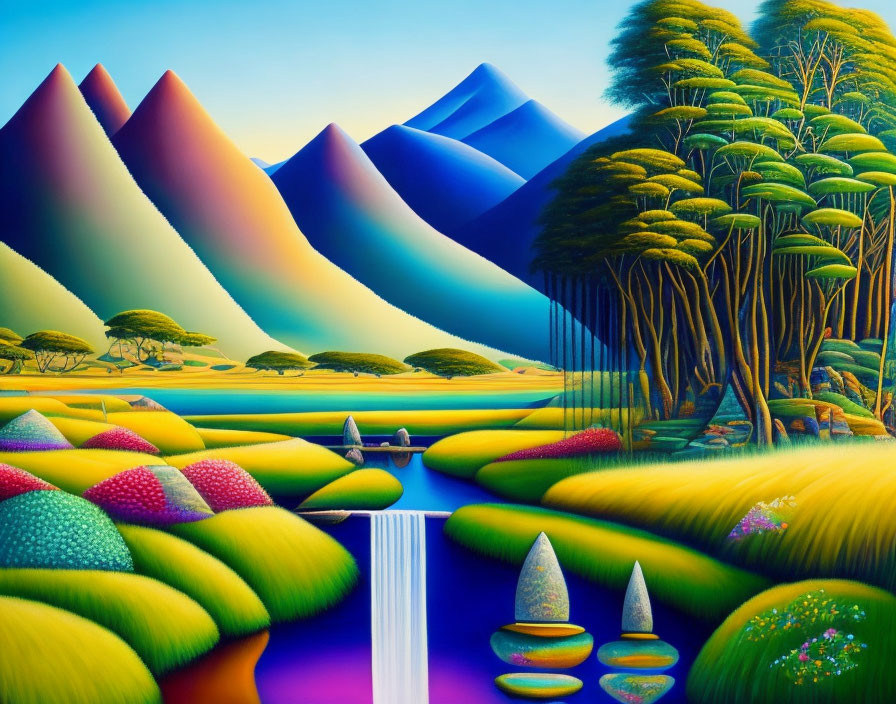 Colorful Fantasy Landscape with Rainbow Mountains, Waterfall, River, Flora, and Trees