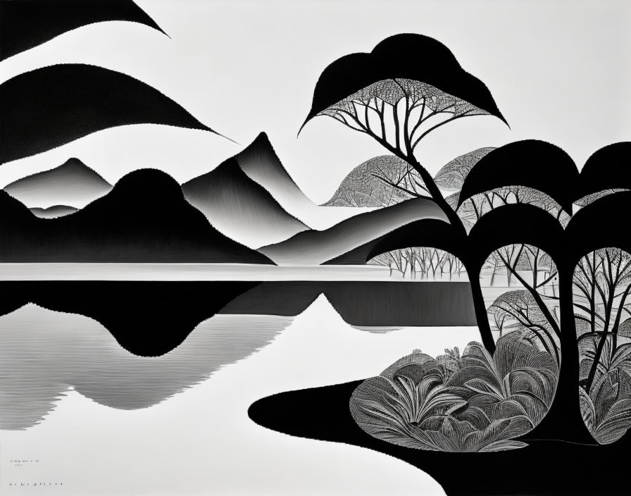 Monochromatic landscape art: rolling hills, reflective water, silhouetted trees.