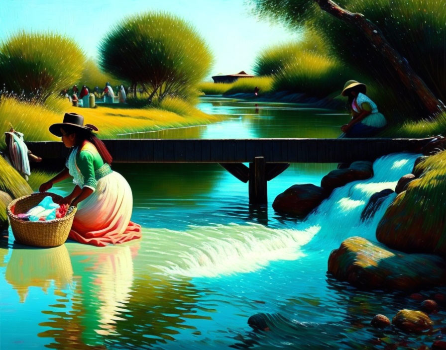 Traditional Attire Painting by River with Wooden Bridge