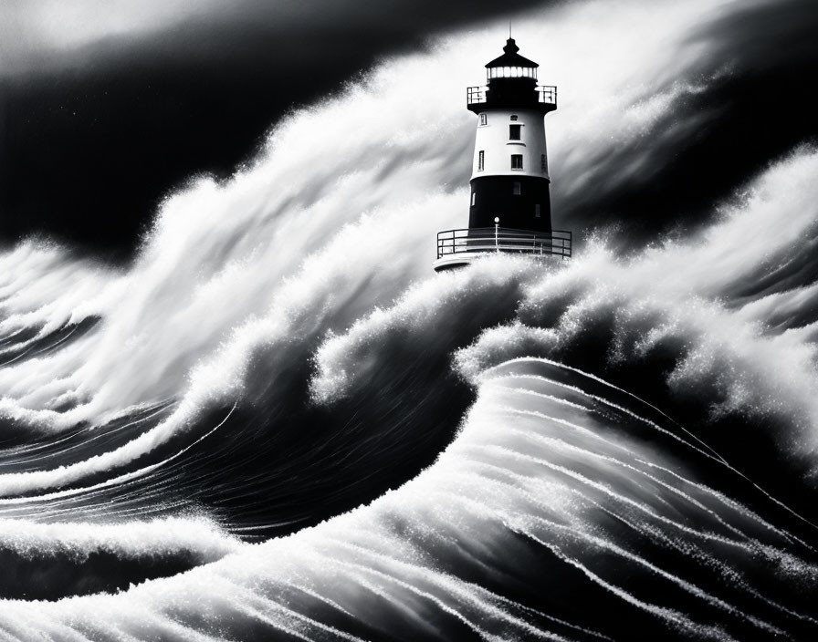 Monochrome lighthouse amidst stylized waves and stormy sky