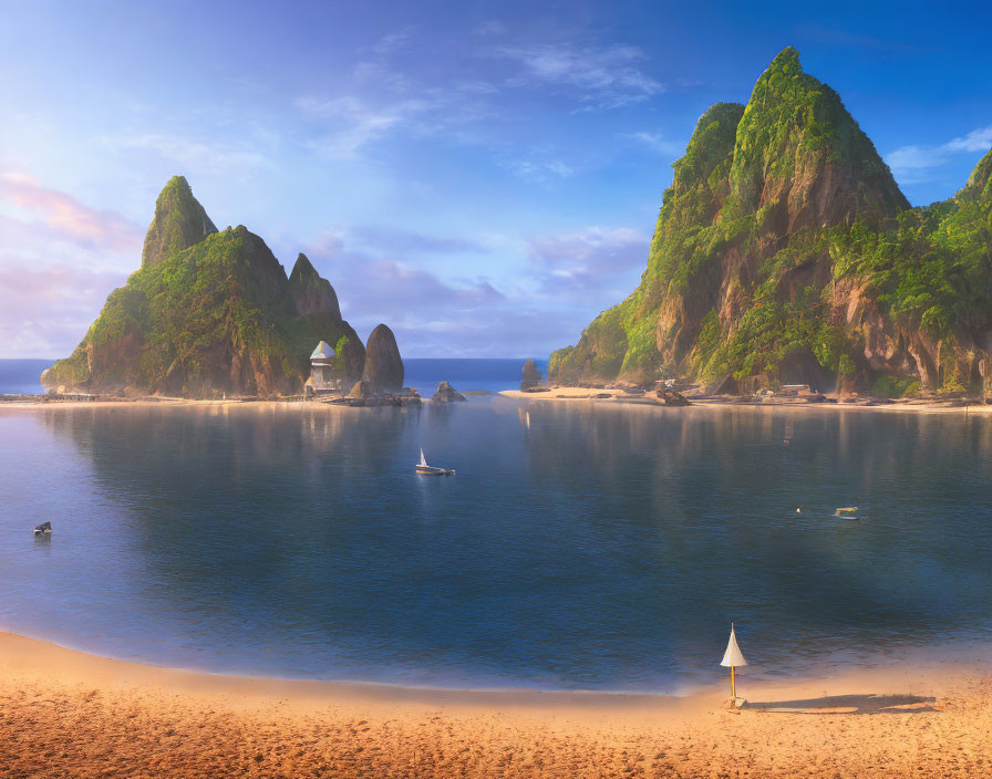 Tranquil beach scene with golden sand, clear waters, green cliffs, and small boats