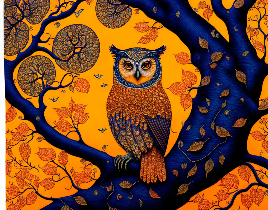 Colorful Owl Illustration on Branch with Leaf Patterns in Vibrant Orange and Blue