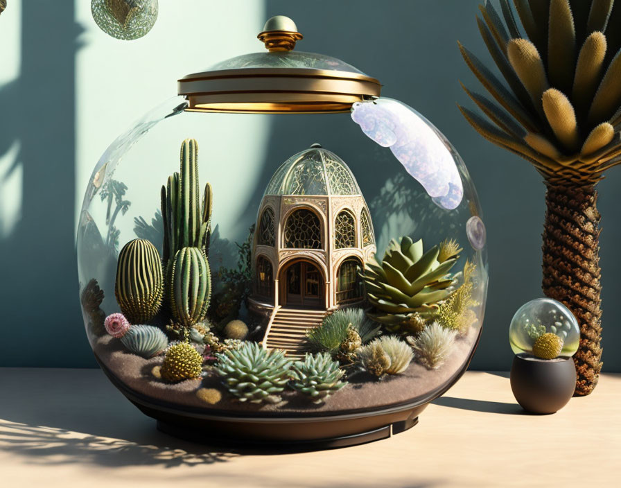 Miniature Greenhouse Terrarium with Cacti and Succulents on Desk