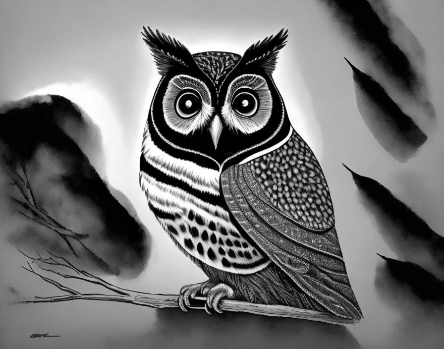 Detailed Black and White Owl Illustration on Branch