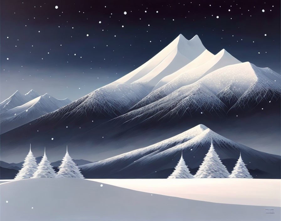 Snow-covered mountains and starry sky night landscape with evergreen forest