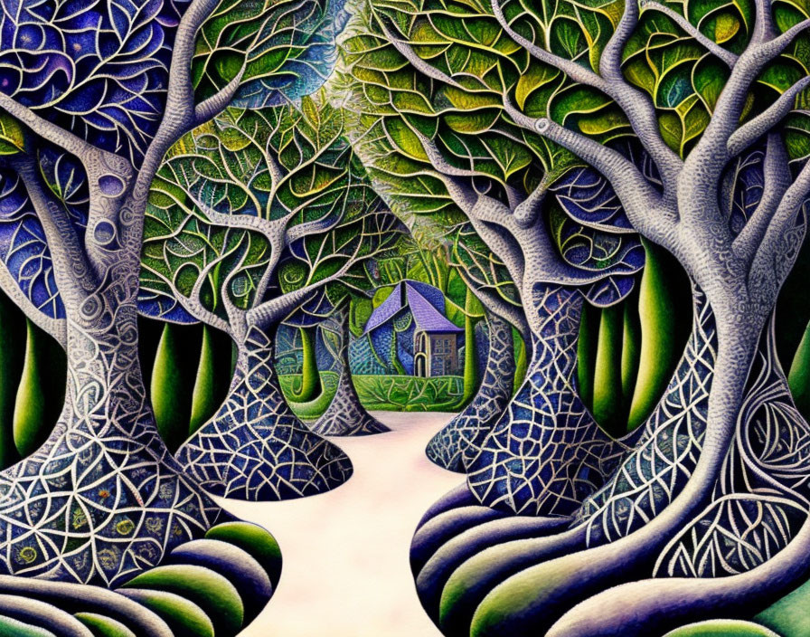 Colorful painting of whimsical forest with mosaic-like trees and small house