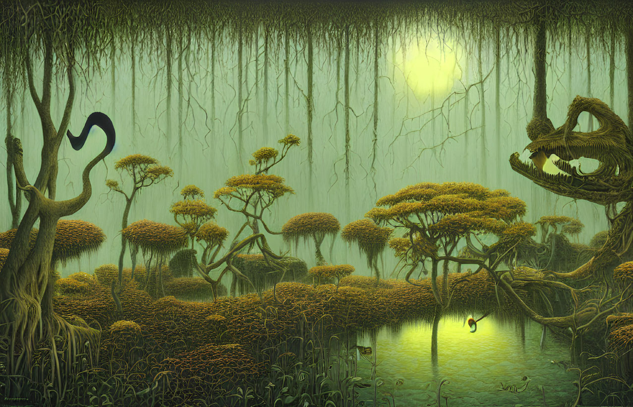 Mystical swamp with yellow tree canopies and serene pond