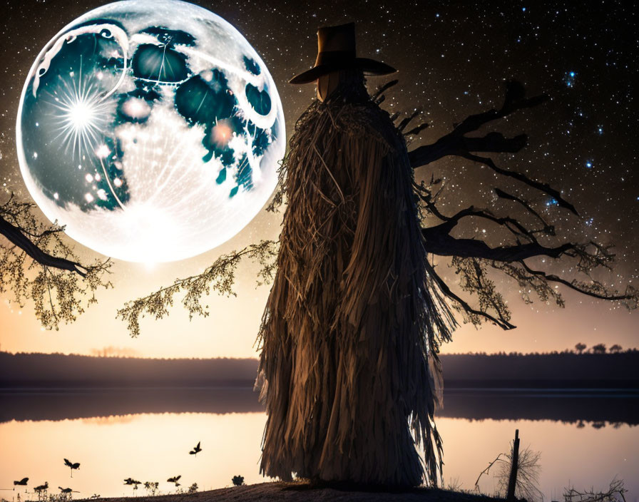 Scarecrow by Lake: Night Sky, Moon, Birds, Bare Tree