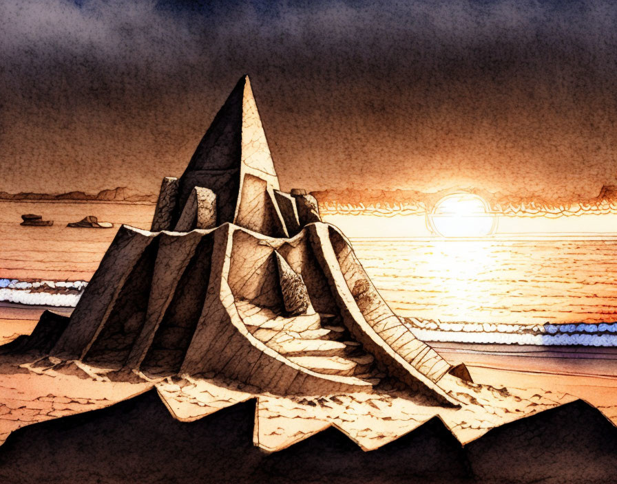 Rocky pyramid structure on beach at sunset with calm seas