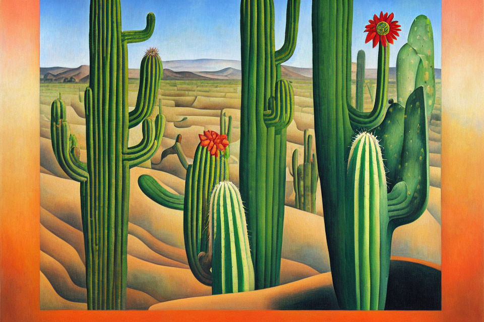 Colorful cactus painting in desert landscape with red flowers