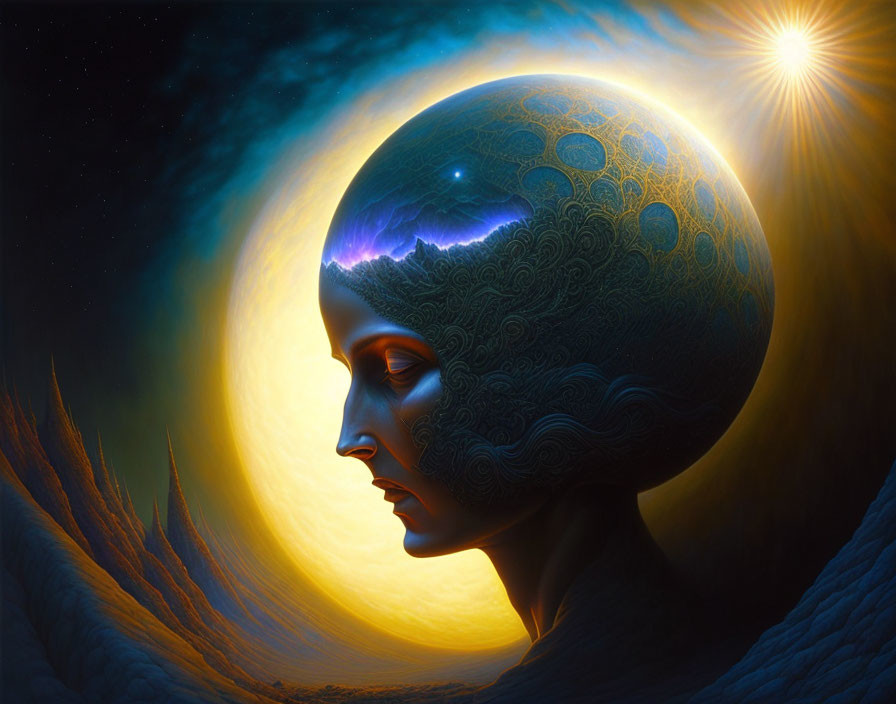 Surreal portrait of figure with cosmic-brain head against starry sky