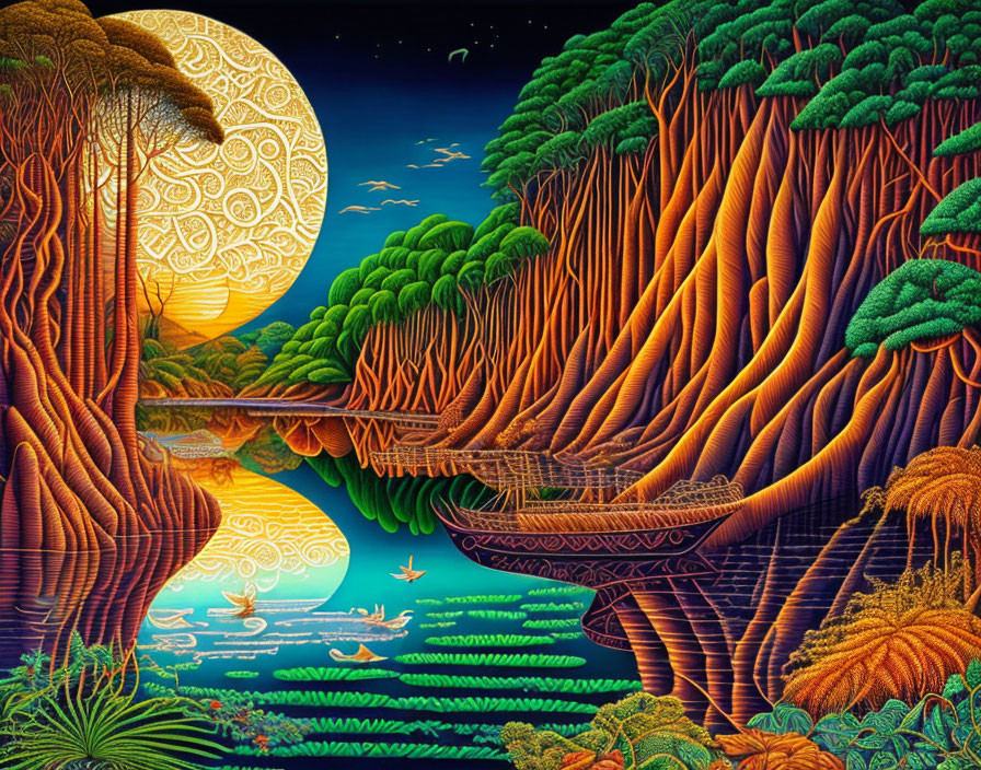 Colorful illustration: Mystical forest, patterned moon, calm river, bridge, starry sky