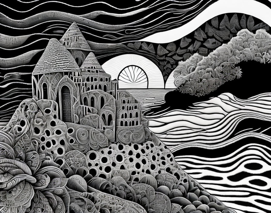 Detailed black and white landscape illustration with castle, fields, hills, and sunrise