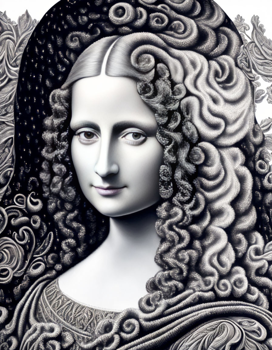 Monochrome Mona Lisa with Exaggerated Hair and Intricate Patterns