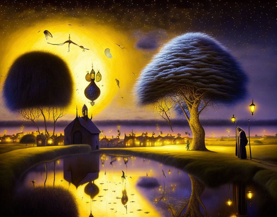 Surreal night scene with glowing moon, floating objects, chapel, and figure by lamp post.