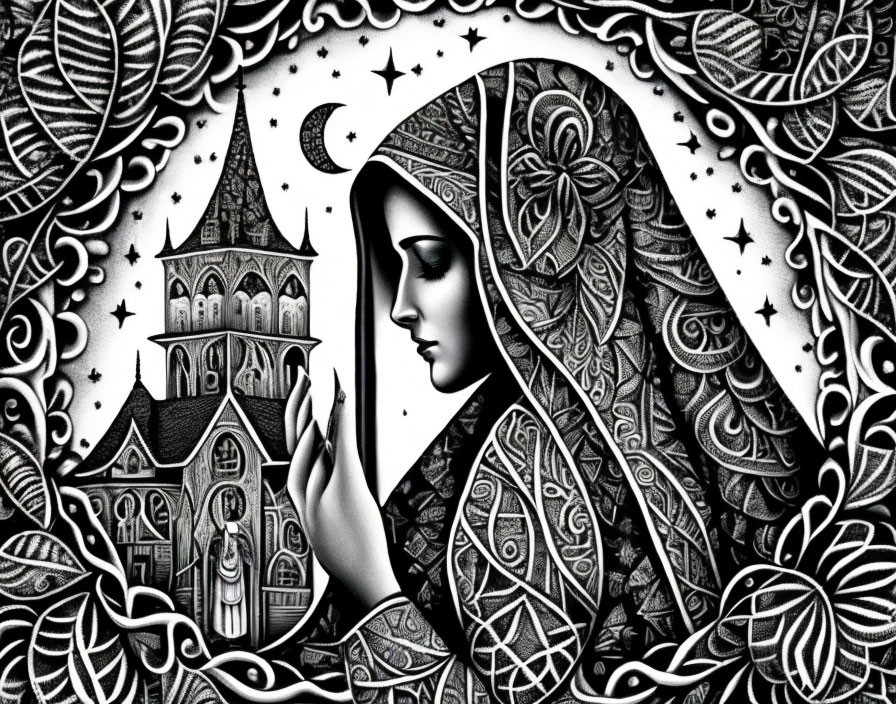 Monochrome illustration of veiled woman praying with stars, patterns, church, crescent moon