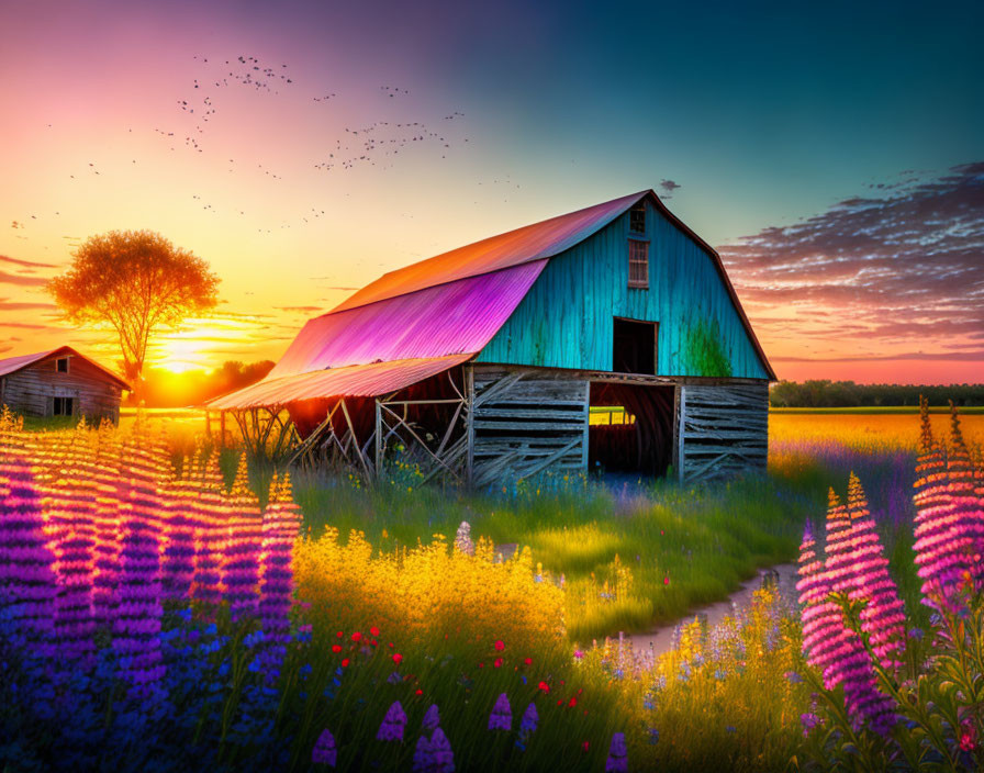 Rustic barn at sunrise with purple and yellow wildflowers and flying birds