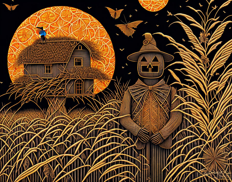 Detailed scarecrow with jack-o'-lantern head in wheat field with house, bats, and orange