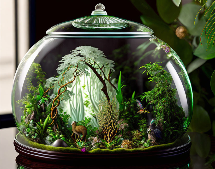 Miniature forest terrarium with trees, plants, moss, birds, and snail in glass dome